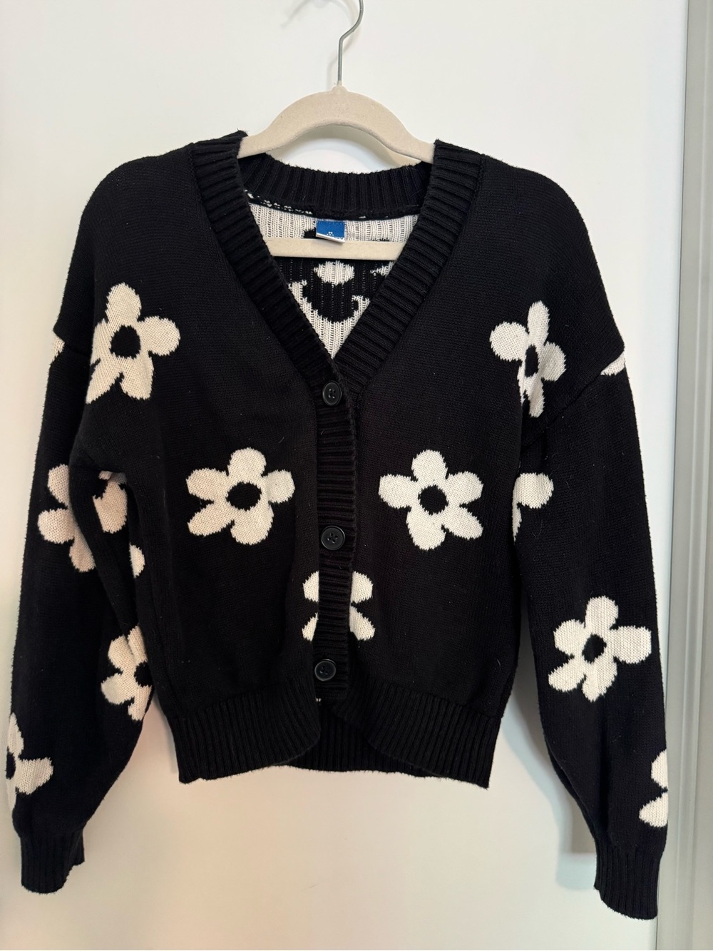 Old Navy Black Cardigan with Cream Daisy Pattern